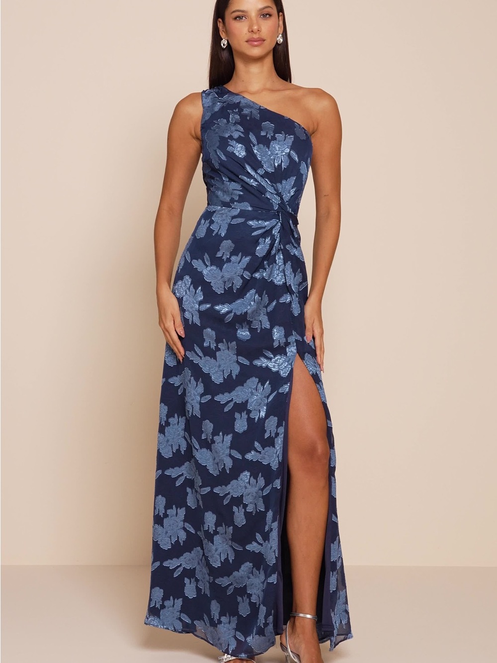 Lulu's Navy Blue Floral Jacquard One Shoulder Maxi Dress
